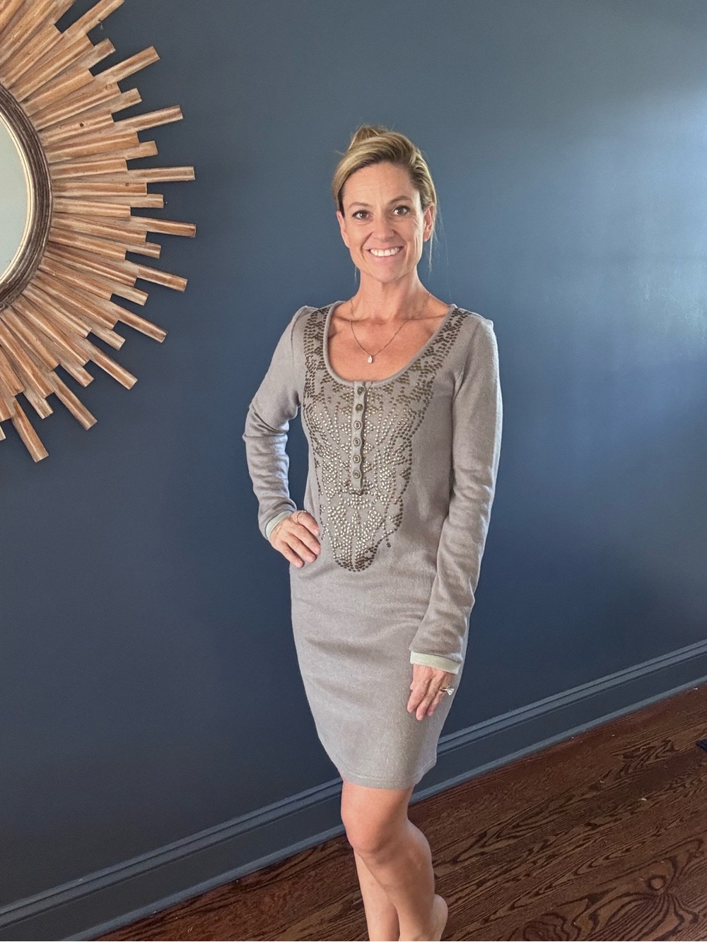 Theme Saks Fifth Ave Taupe Gold SOFT warm Dress long sleeve Studed fall Medium